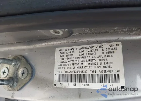 2011 Honda Accord 2.4 Se из США, поврежденный, VIN 1HGCP2F63BA008317